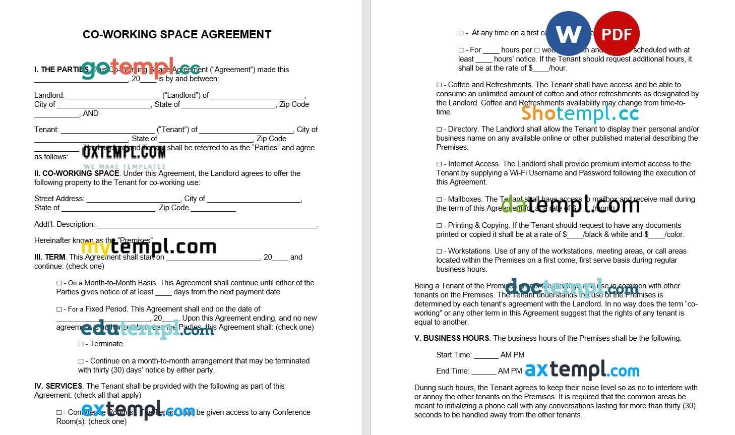Co-Working Space Rental Agreement Word example, fully editable