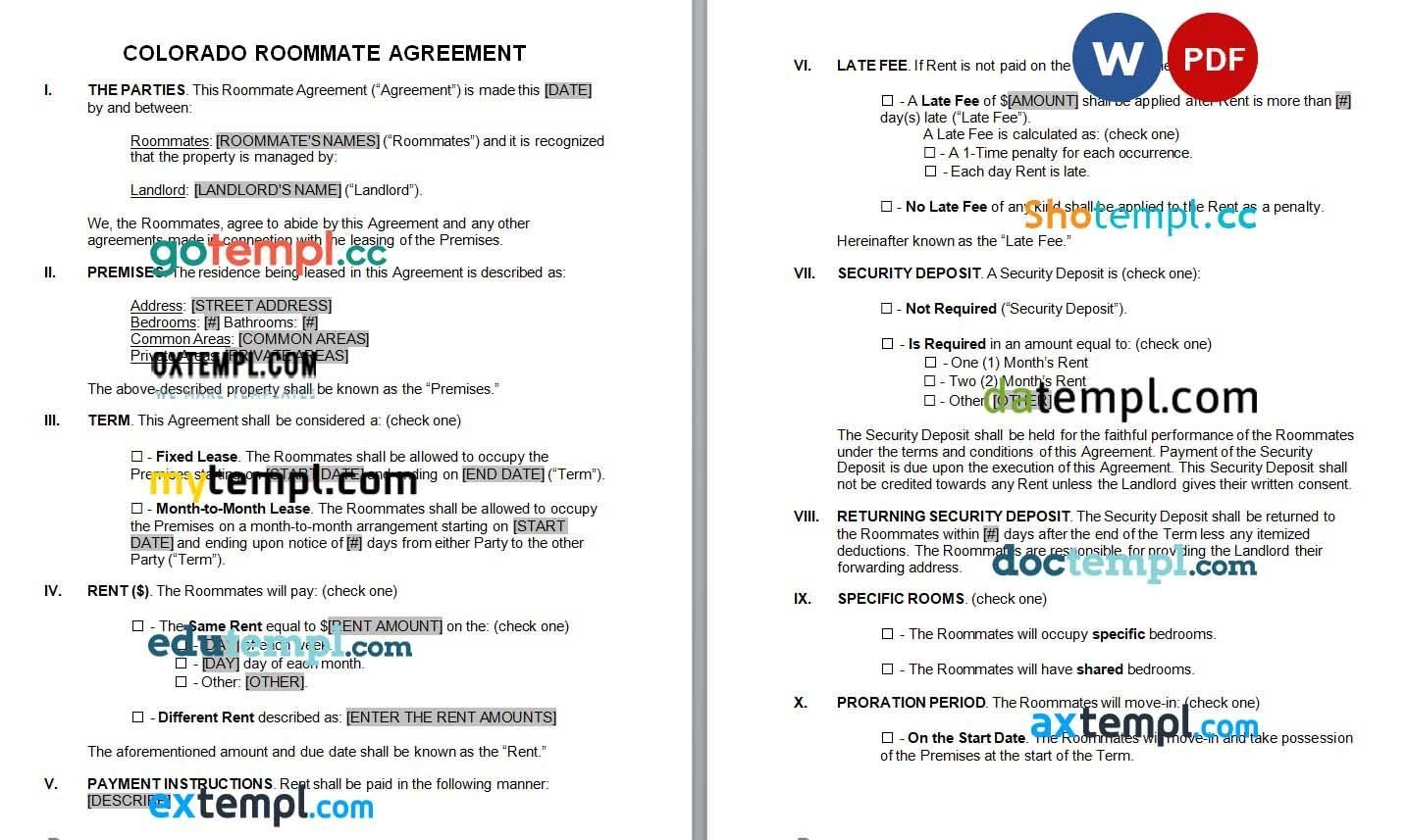 Colorado Roommate Lease Agreement Word example, fully editable