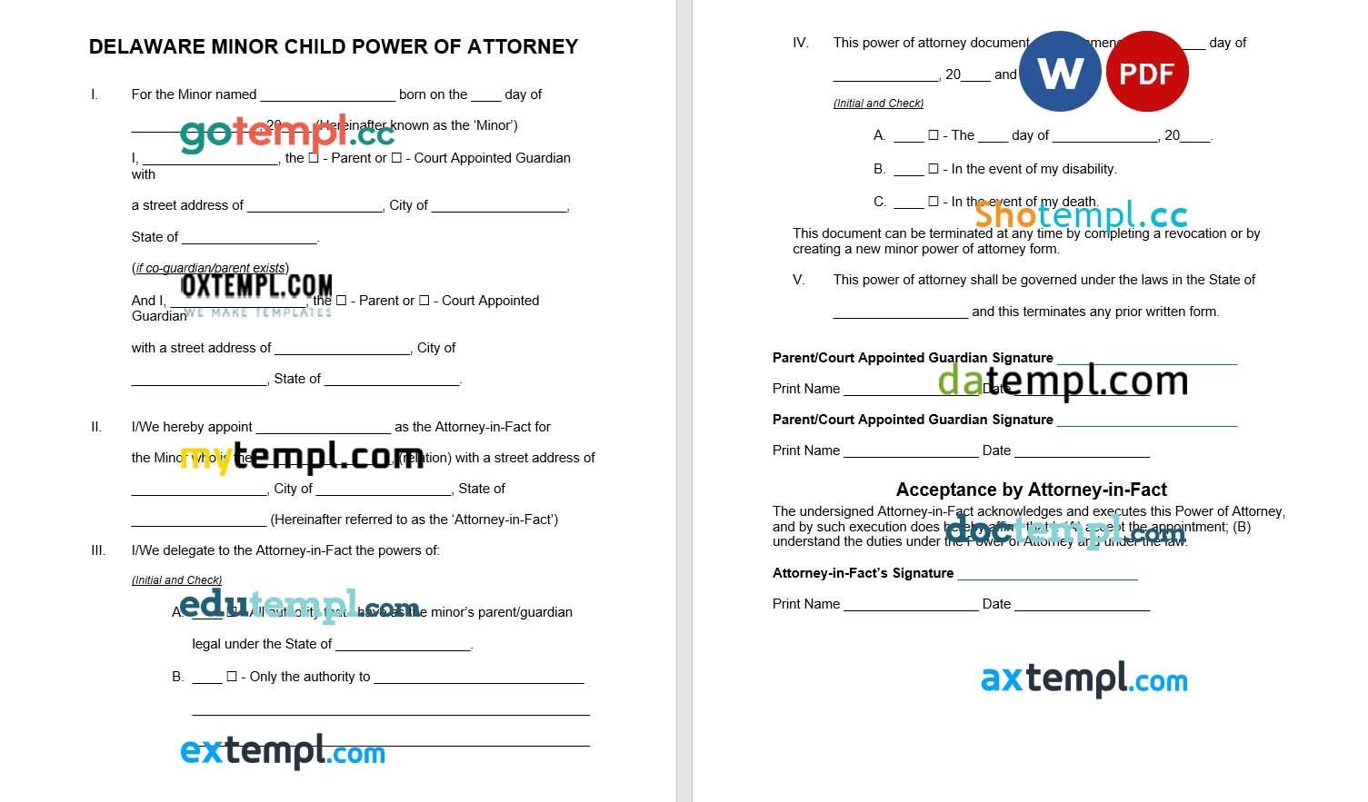 Delaware Minor Child Power of Attorney Form example, fully editable