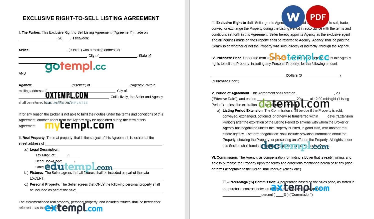 Exclusive Right to Sell Listing Agreement Word example, fully editable