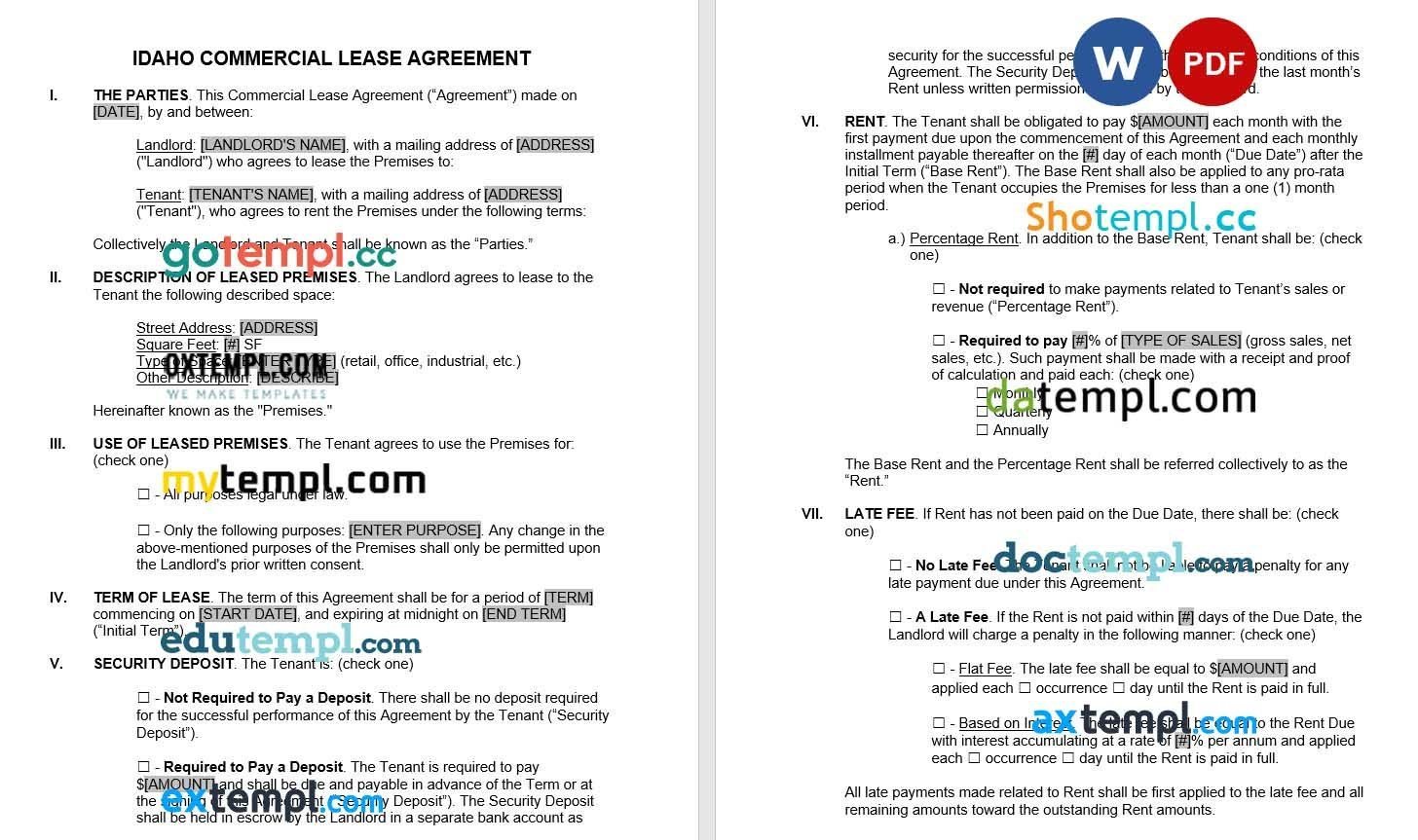 Idaho Commercial Lease Agreement Word example, fully editable