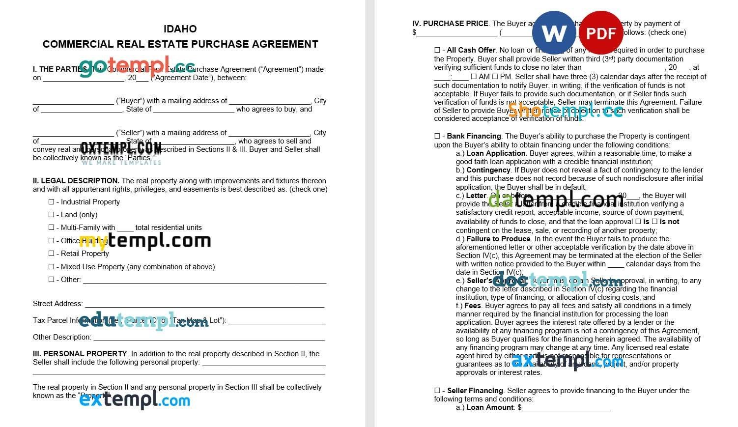 Idaho Commercial Real Estate Purchase Agreement Word example, fully editable