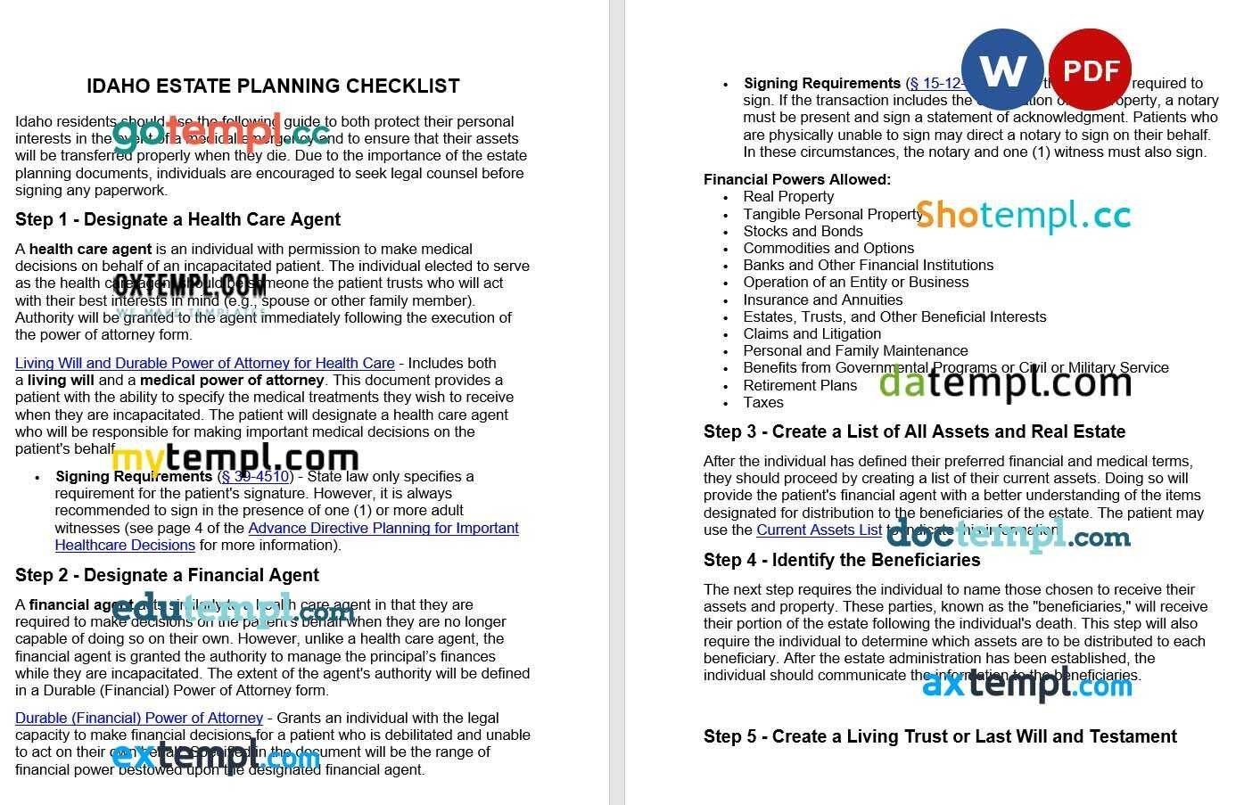 Idaho Estate Planning Checklist example, fully editable