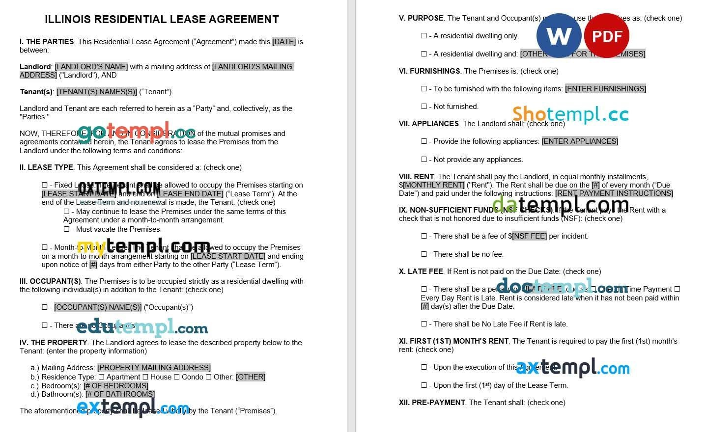 Illinois Standard Residential Lease Agreement Word example, fully editable