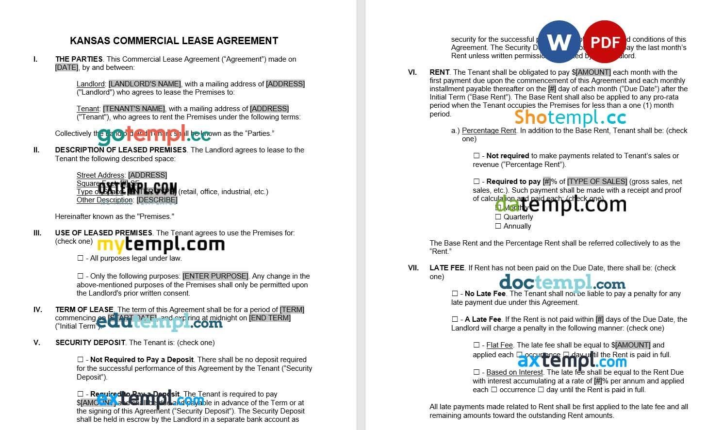 Kansas Commercial Lease Agreement Word example, fully editable