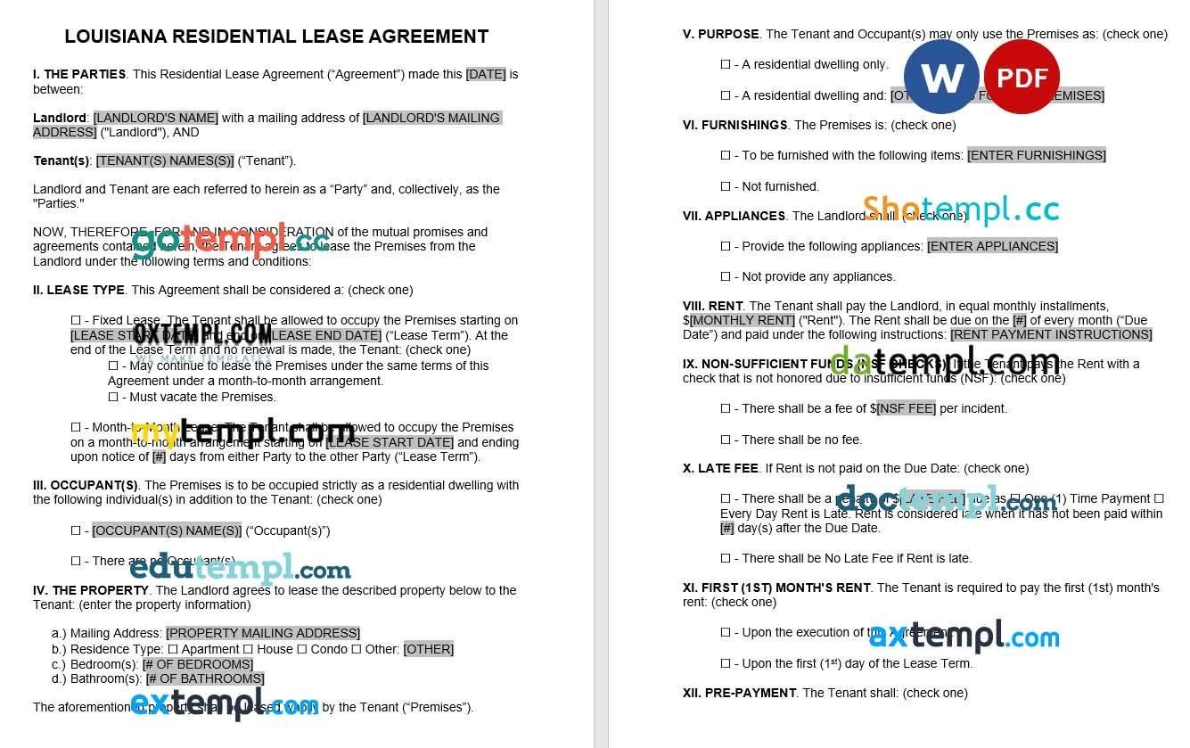 Louisian Standard Residential Lease Agreement Word example, fully editable