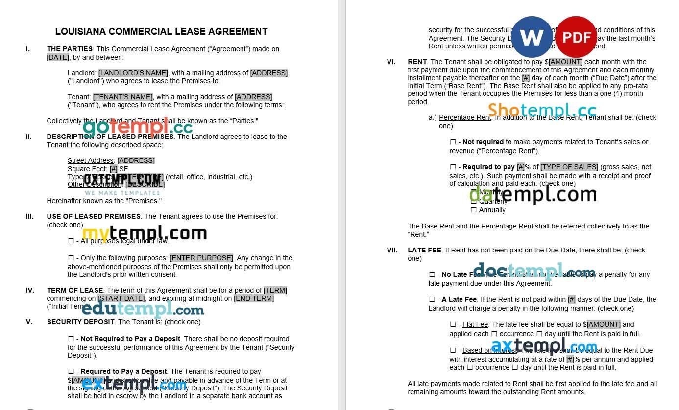 Louisiana Commercial Lease Agreement Word example, fully editable