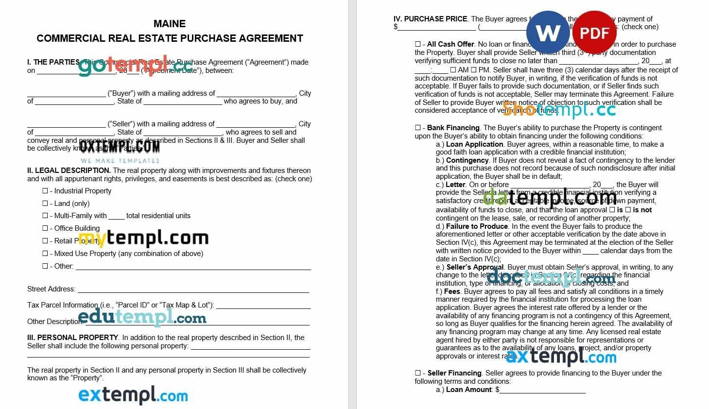Maine Commercial Real Estate Purchase Agreement Word example, completely editable