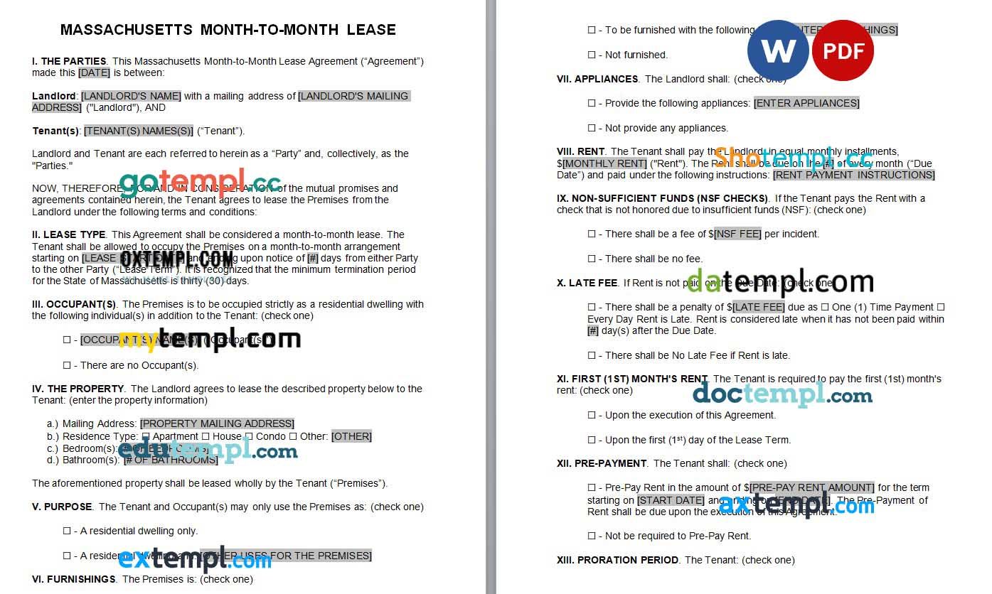 Massachusetts Month to Month Lease Agreement Word example