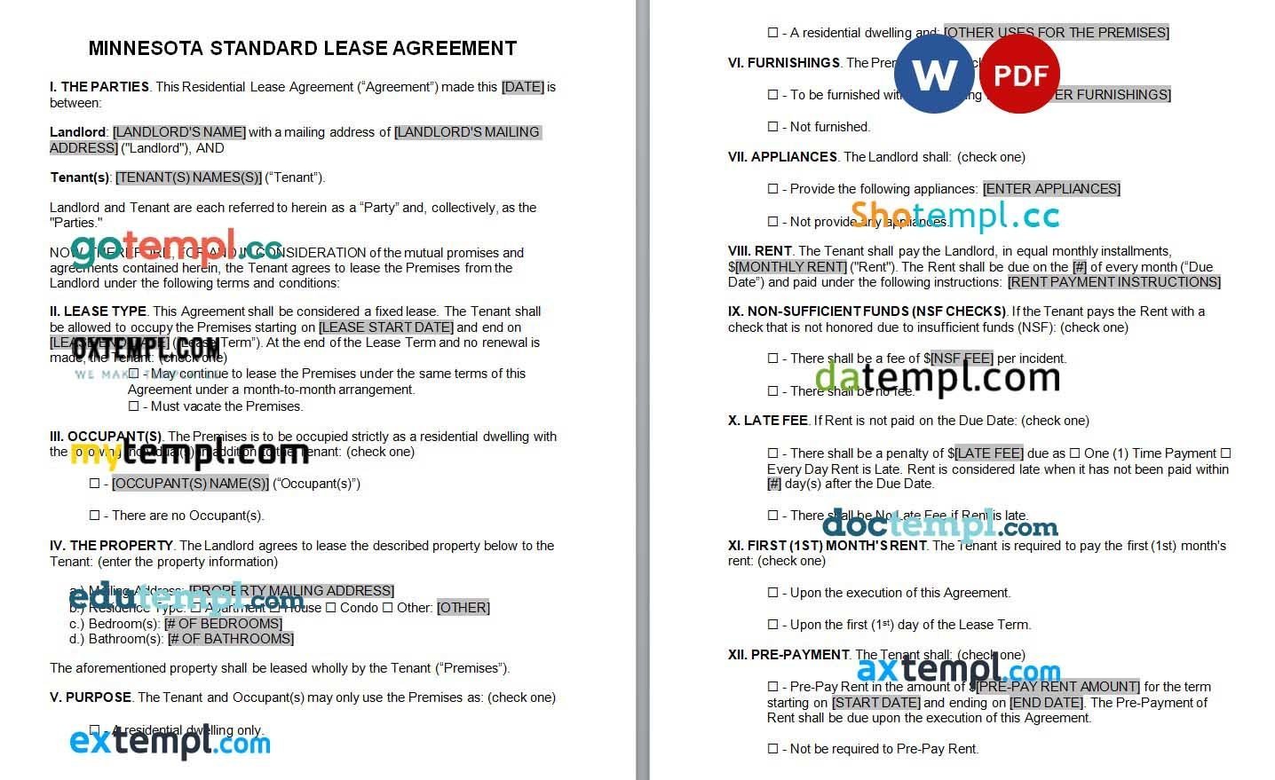 Minnesota Standard Lease Agreement Word example, fully aditable