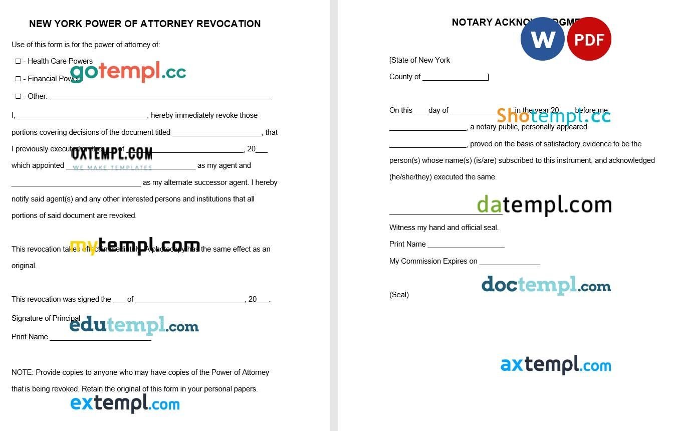 New York Power of Attorney Revocation Form example, fully editable