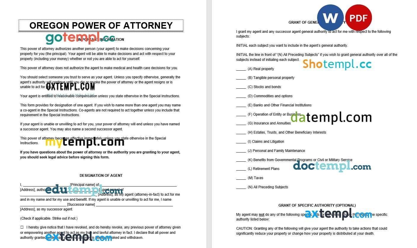 Oregon Power of Attorney example, fully editable