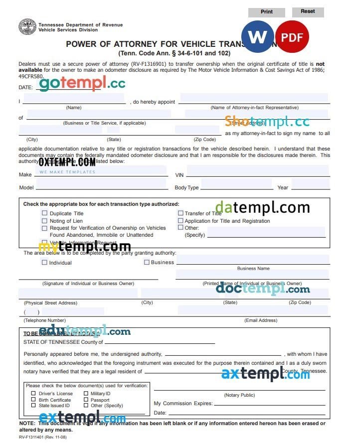 Tennessee Motor Vehicle Power of Attorney Form RV example, fully editable