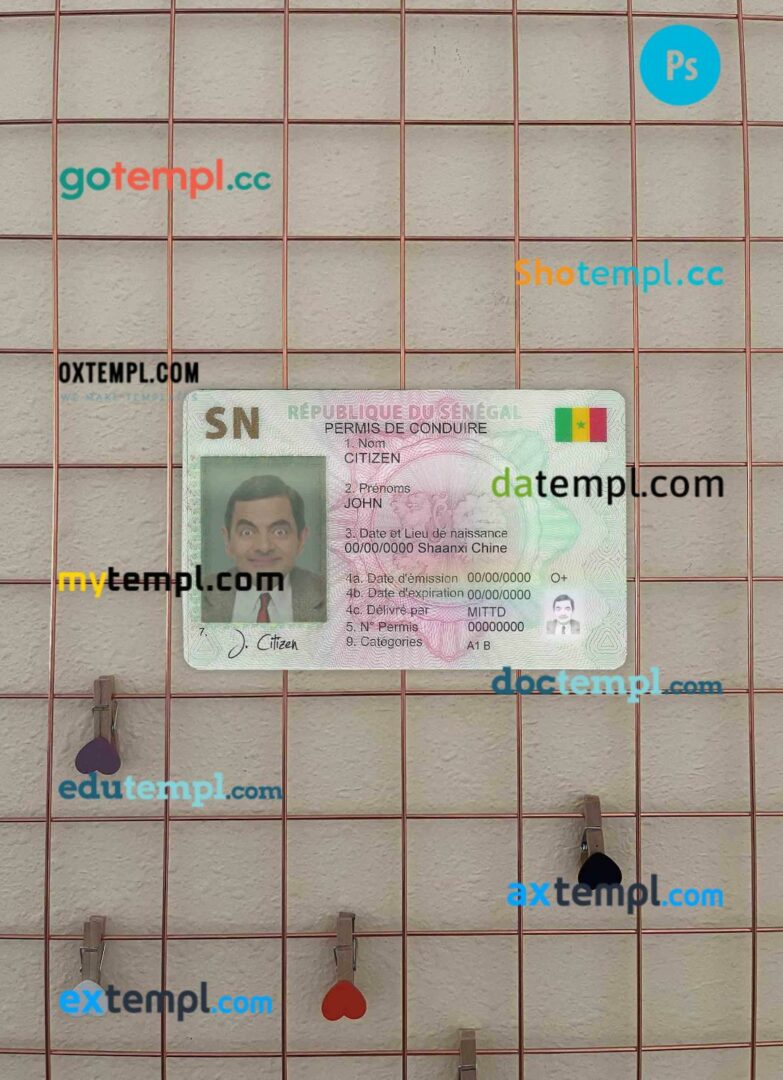Senegal driving license PSD files, scan look and photographed image, 2 in 1
