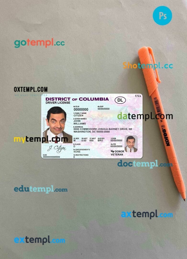 USA District of Columbia driving license PSD files, scan look and photographed image, 2 in 1