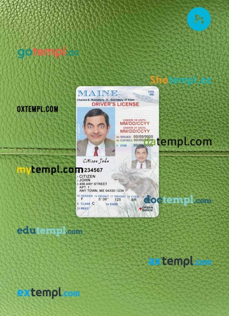 USA Maine driving license PSD files, scan look and photographed image, 2 in 1, under 21