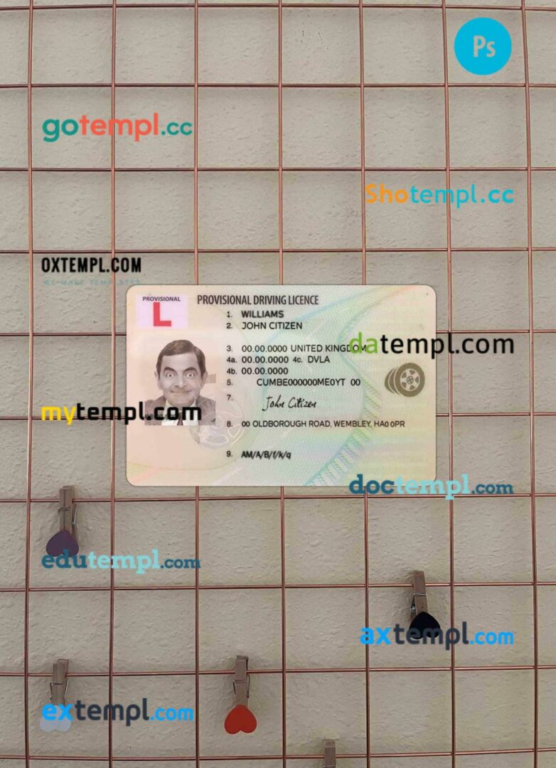 United Kingdom provisional driving license editable PSD files, scan look and photo-realistic look, 2 in 1