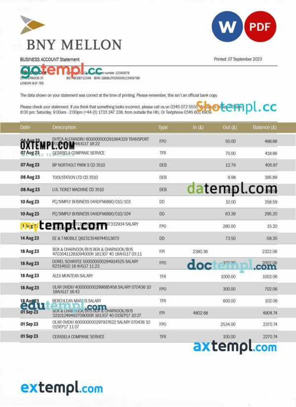 BNY Mellon Bank company checking account statement Word and PDF template