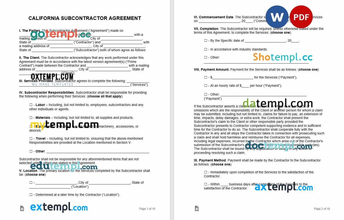 free california subcontractor agreement template Word and PDF format