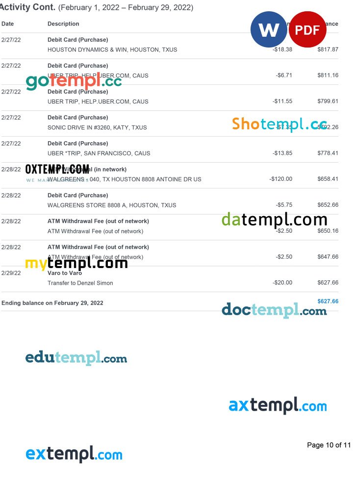 USA Varo bank statement Word and PDF template, 11 pages - Image 10