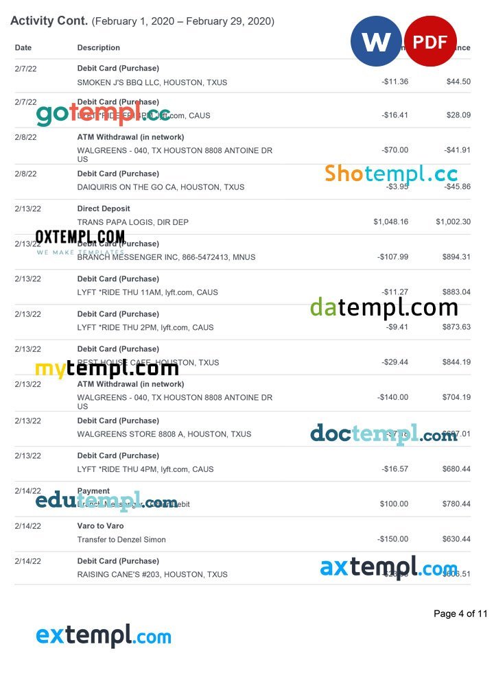 USA Varo bank statement Word and PDF template, 11 pages - Image 4
