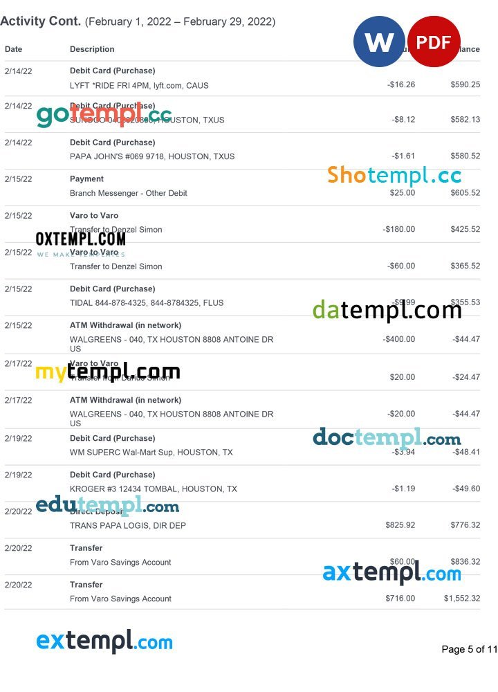 USA Varo bank statement Word and PDF template, 11 pages - Image 5