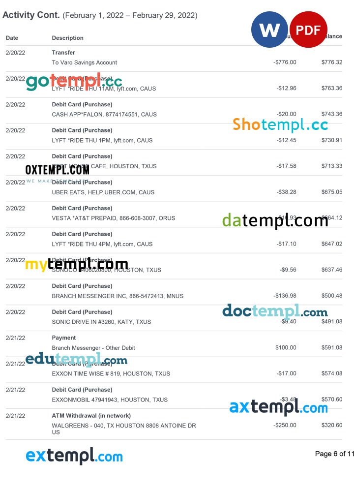 USA Varo bank statement Word and PDF template, 11 pages - Image 6