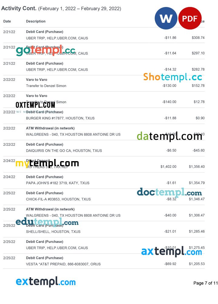 USA Varo bank statement Word and PDF template, 11 pages - Image 7