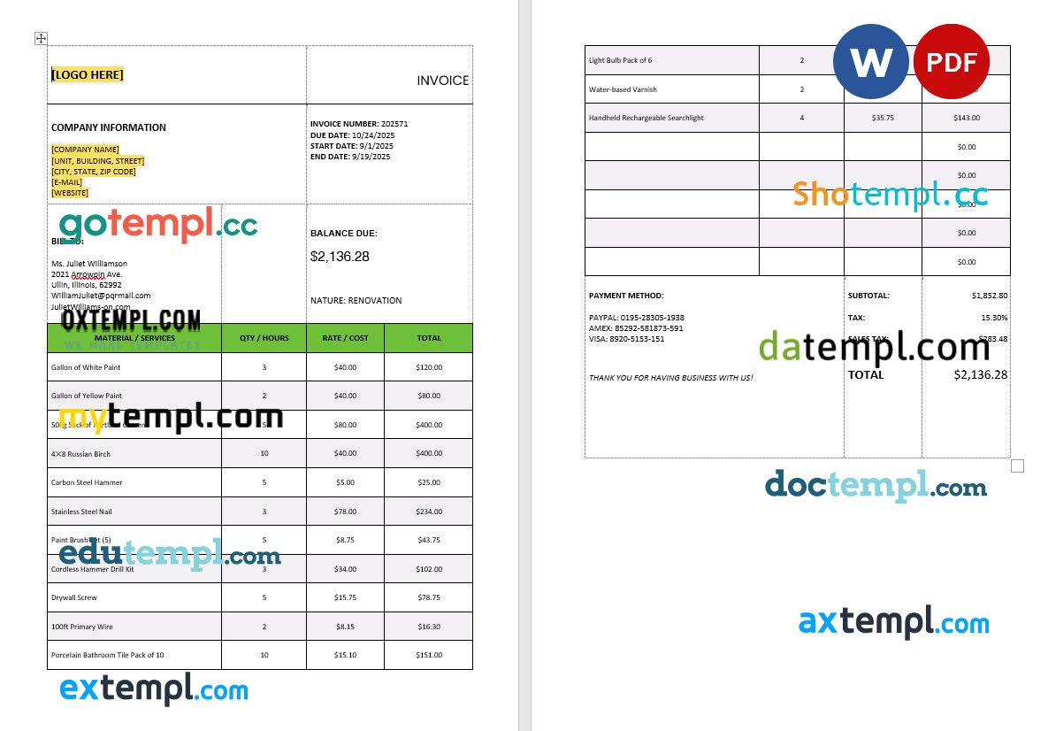 General tax calculation Invoice template in word and pdf format