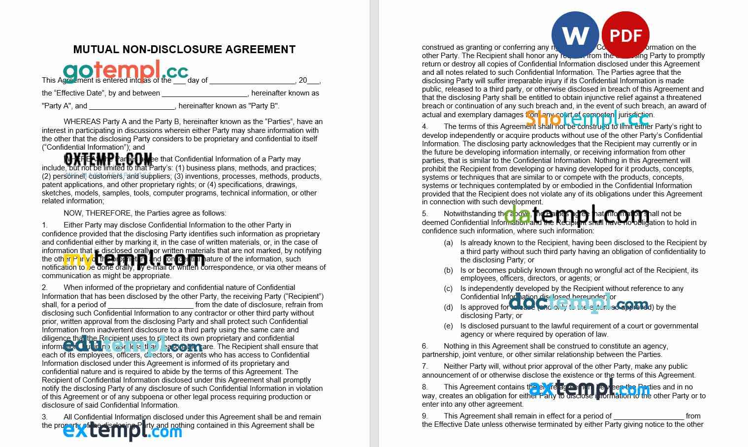 free mutual nondisclosure agreement NDA template, Word and PDF format