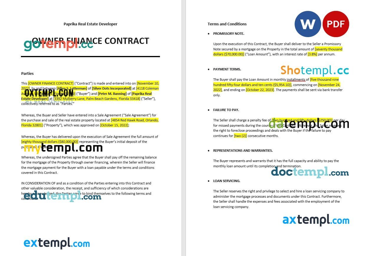 free owner finance contract template, Word and PDF format