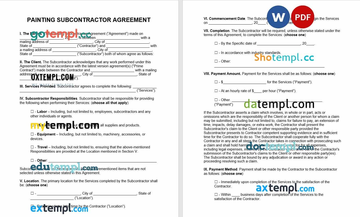 free painting subcontractor agreement template, Word and PDF format