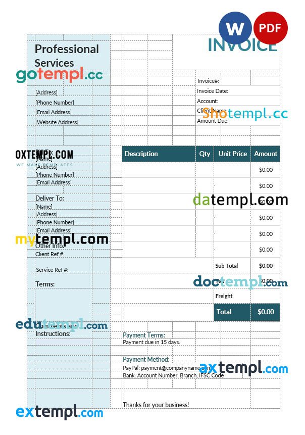 Professional services invoice template in word and pdf format