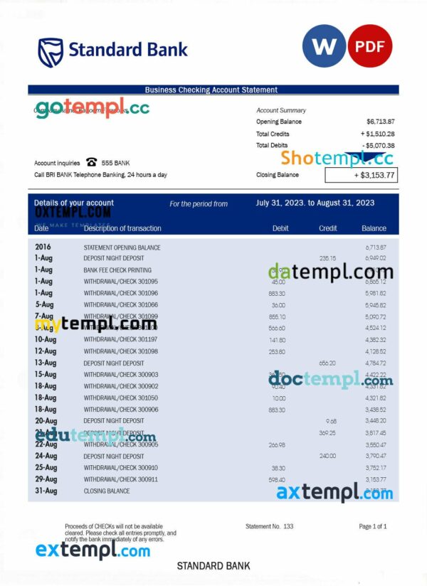 Standard bank organization statement Word and PDF template