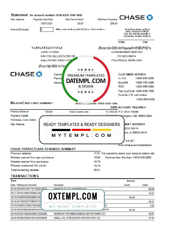 USA Chase bank Mastercard card statement easy to fill template in Excel ...