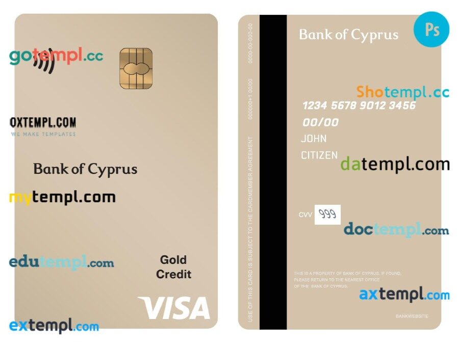 Cyprus Bank of Cyprus visa gold credit vertical card template in PSD format