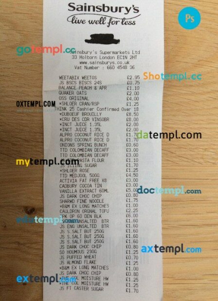 Sainsbury’s supermarket payment receipt PSD template