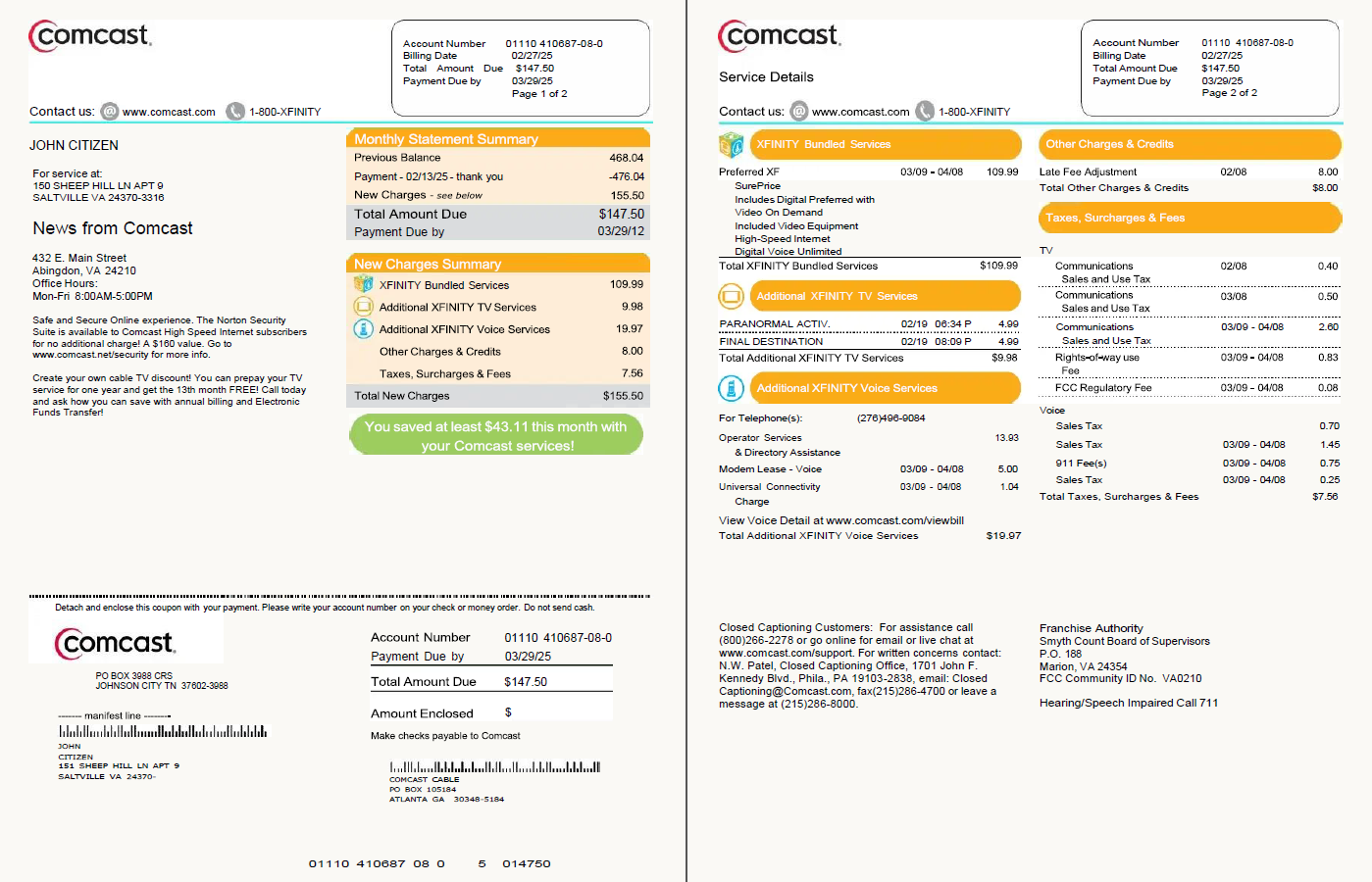 USA Comcast utility bill template in Word and PDF formats, 2 pages