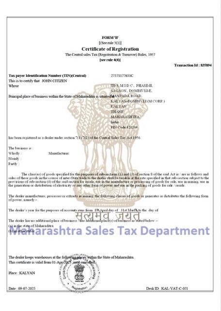 India Maharashtra certificate of taxpayer registration Word and PDF template