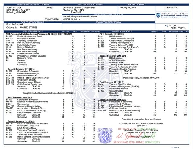 USA Bob Jones University transcript Word and PDF template – gotempl.cc