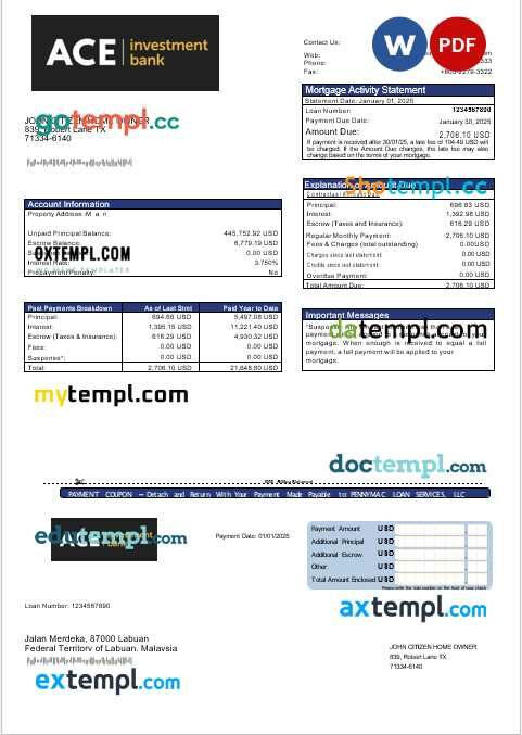 USA ACE bank mortgage statement in Word and PDF formats