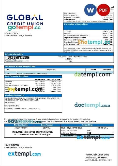 USA Alaska Global Credit Union bank mortgage statement in Word and PDF formats