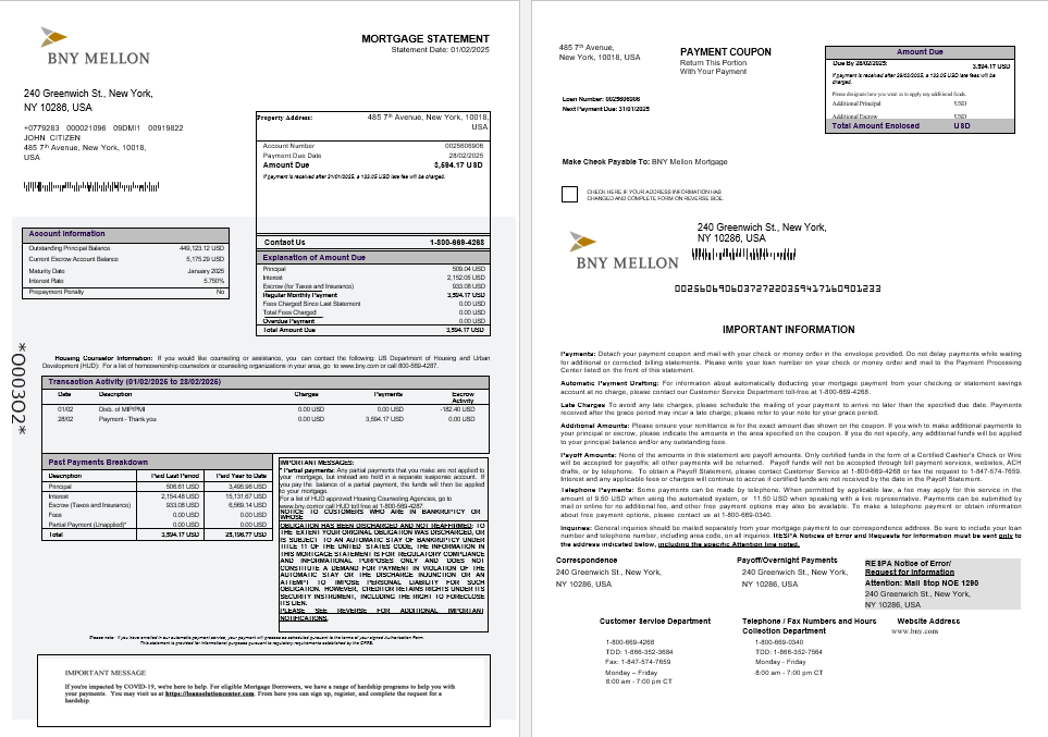 USA Bank of New York Mellon bank mortgage statement in Word and PDF formats