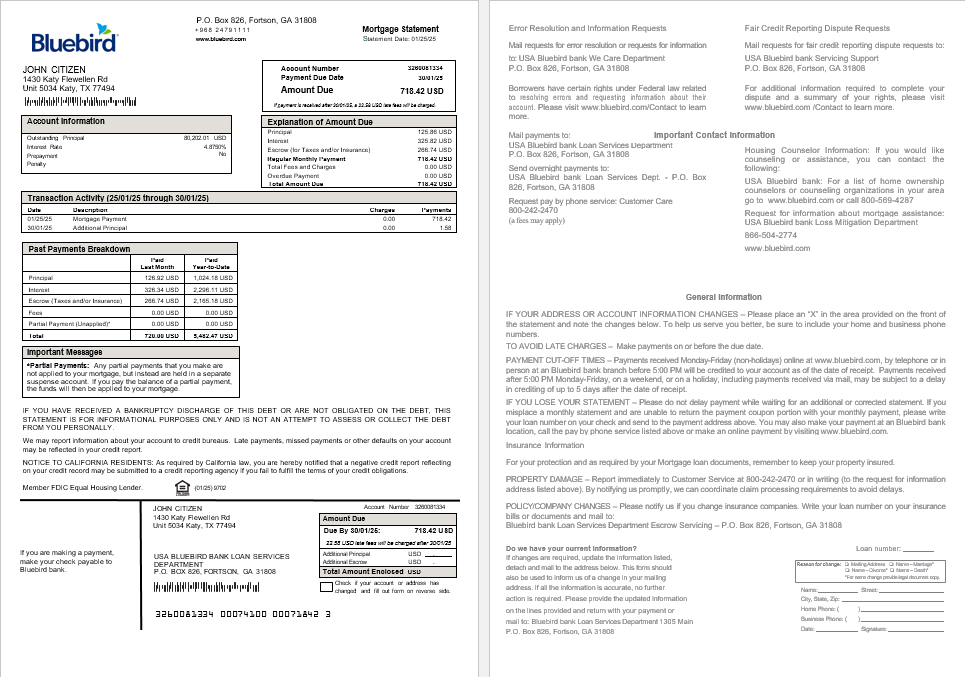 USA Bluebird bank mortgage statement in Word and PDF formats